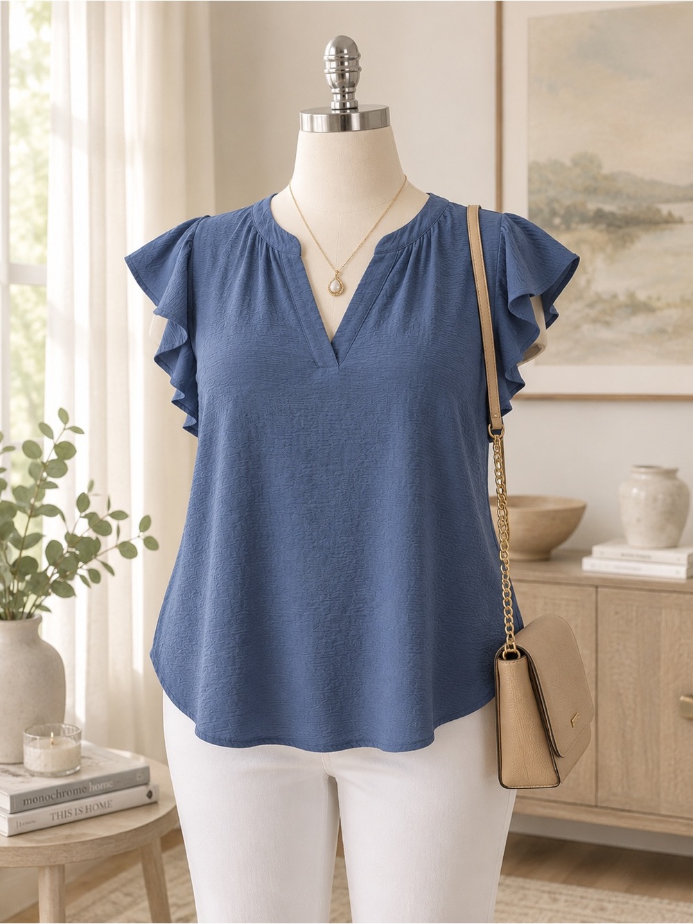 Adrianna Papell 1X Blue Flutter Sleeve Split Neck Blouse Crinkle Polyester Top - Picture 13 of 15
